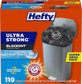 Hefty Ultra Strong Trash Bags, Black Tall Kitchen Trash Bags 13 Gallon Size, Break Resistant Drawstring Enclosure, Continuous Odor Control, Blackout, Clean Burst Scent, 110 Bags