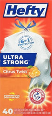Hefty Ultra Strong Trash Bags 13 Gallon | Tall Kitchen | Drawstring Closure | Odor Control | Citrus Scent | 40 Bags, Pack of 6