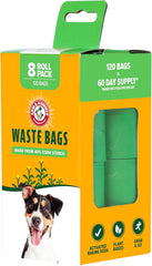 Arm & Hammer Dog Poop Leakproof Plant Based 120 Count Waste Bags, Unscented, Made From 40% Corn Starch With Activated Baking Soda, Pack of 8, Green