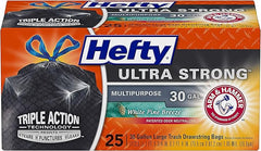 Hefty Ultra Strong Multipurpose Trash Bags, Black Large Flexible with Drawstring, White Pine Breeze Scent, 30 Gallon, 25 Count Per Pack (Pack of 6)