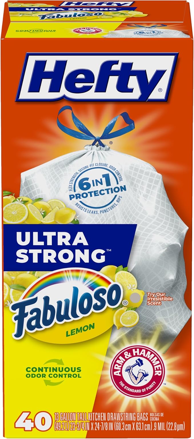 Hefty Ultra Strong 13 Gallon Trash Bags, Tall Kitchen Trash Bags 13 Gallon Size, Resist Leaks, Punctures, and Rips, Continuous Odor Control, White, Fabuloso Lemon Scent, 40 Bags