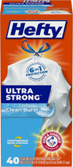 Hefty Ultra Strong 13 Gallon Trash Bags, Tall Kitchen Trash Bags 13 Gallon Size, Drawstring Closure, Continuous Odor Control, White, Clean Burst Scent, 40 Bags