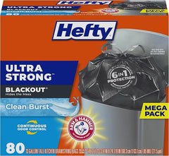 Hefty Ultra Strong Trash Bags, Black Tall Kitchen Trash Bags 13 Gallon Size, Break Resistant Drawstring Enclosure, Continuous Odor Control, Blackout, Clean Burst Scent, 80 Bags