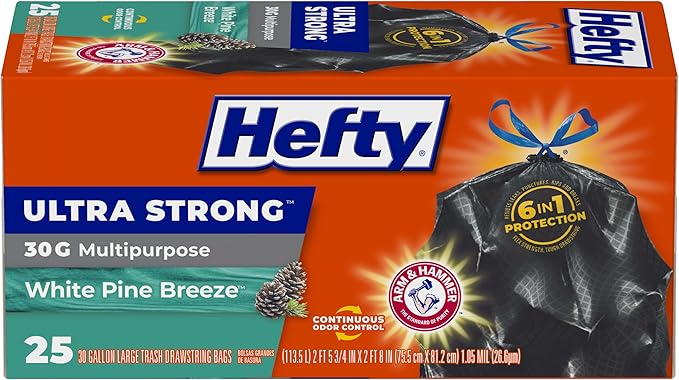 Hefty Ultra Strong 30 Gallon Trash Bags, Large Trash Bags 30 Gallon Size, Multipurpose, Break Resistant Drawstring Closure, Resists Leaks, Punctures, and Tears, Black, White Pine Breeze Scent, 25 Bags
